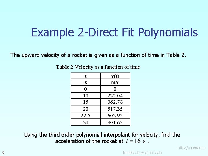 Example 2 -Direct Fit Polynomials The upward velocity of a rocket is given as