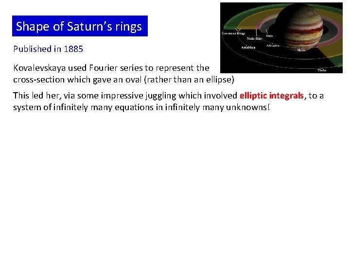 Shape of Saturn’s rings Published in 1885 Kovalevskaya used Fourier series to represent the
