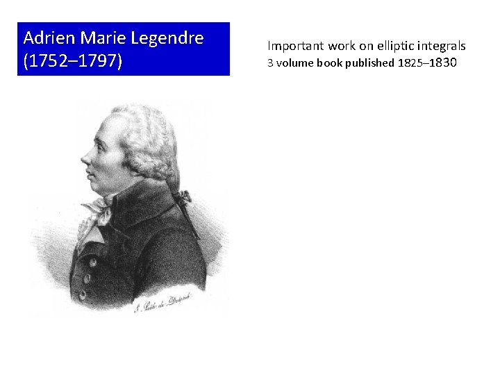 Adrien Marie Legendre (1752– 1797) Important work on elliptic integrals 3 volume book published