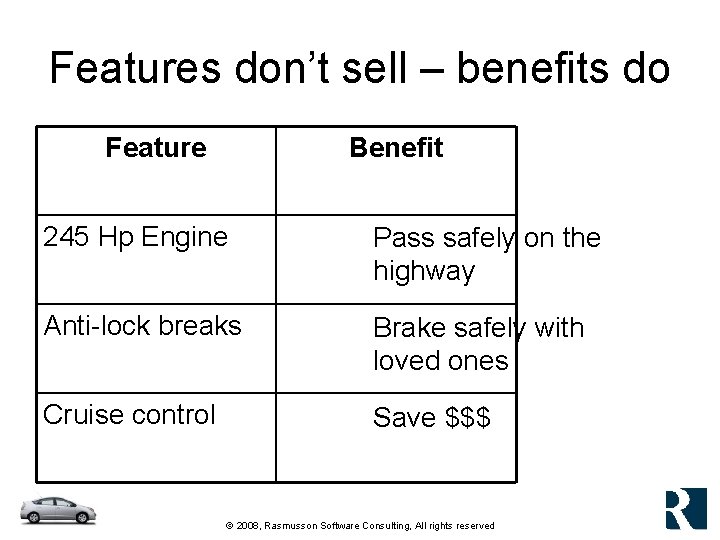 Features don’t sell – benefits do Feature Benefit 245 Hp Engine Pass safely on Features don’t sell – benefits do Feature Benefit 245 Hp Engine Pass safely on