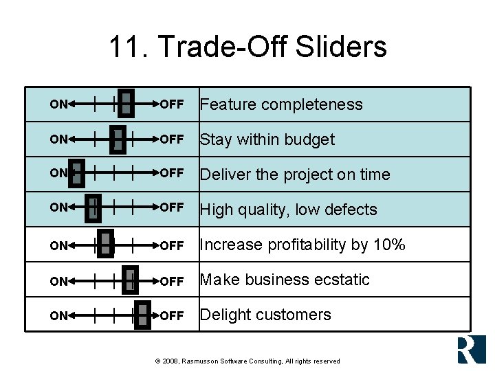 11. Trade-Off Sliders ON OFF Feature completeness ON OFF Stay within budget ON OFF 11. Trade-Off Sliders ON OFF Feature completeness ON OFF Stay within budget ON OFF