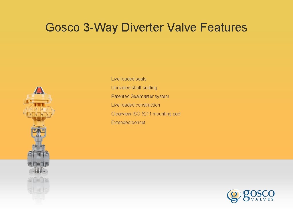 Gosco 3 -Way Diverter Valve Features Live loaded seats Unrivaled shaft sealing Patented Sealmaster