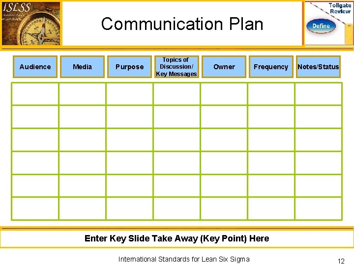 Communication Plan Audience Media Purpose Topics of Discussion/ Key Messages Owner Frequency Notes/Status Enter