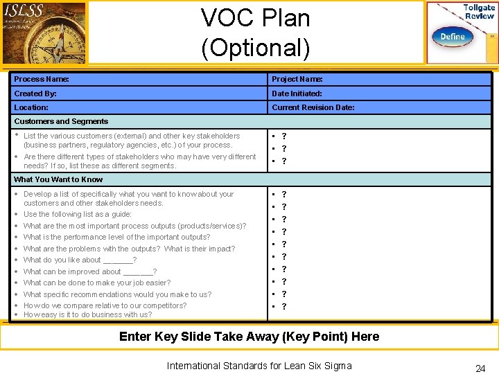 VOC Plan (Optional) Process Name: Project Name: Created By: Date Initiated: Location: Current Revision