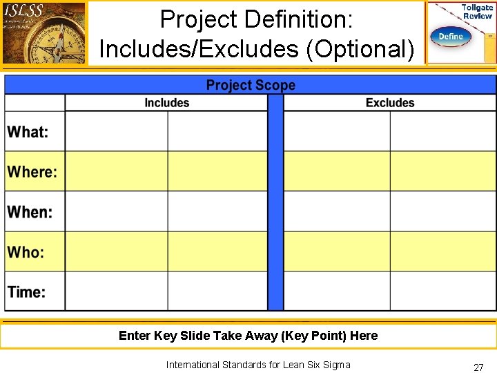 Project Definition: Includes/Excludes (Optional) Enter Key Slide Take Away (Key Point) Here International Standards