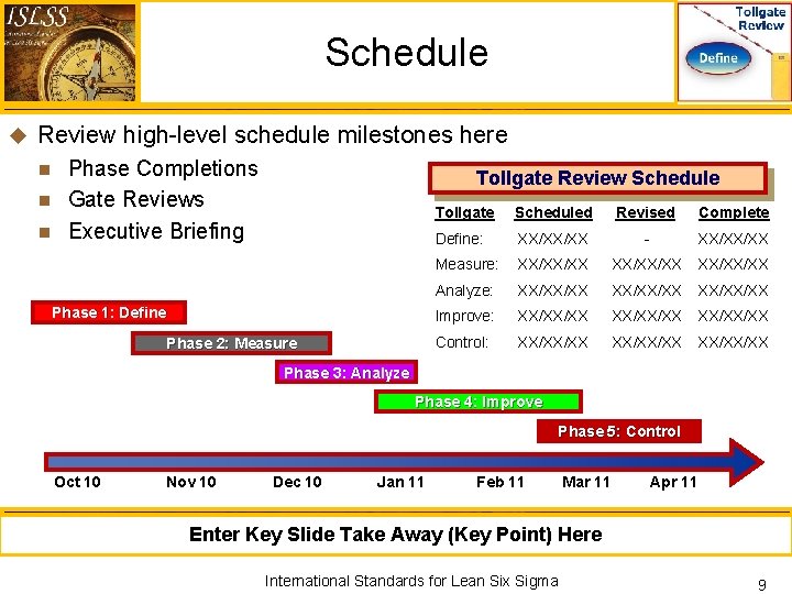 Schedule u Review high-level schedule milestones here Phase Completions n Gate Reviews n Executive