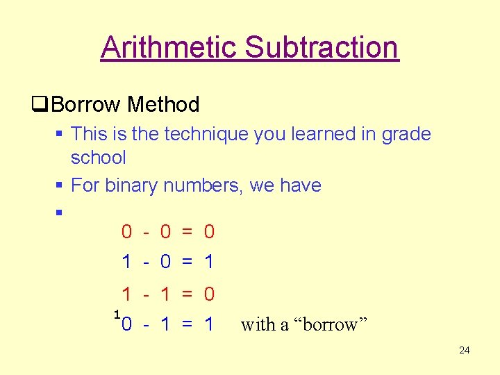 Arithmetic Subtraction q. Borrow Method § This is the technique you learned in grade