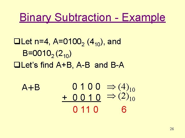 Binary Subtraction - Example q. Let n=4, A=01002 (410), and B=00102 (210) q. Let’s