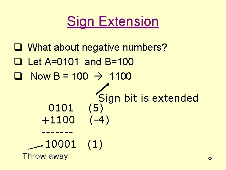 Sign Extension q What about negative numbers? q Let A=0101 and B=100 q Now