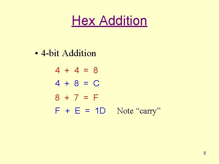 Hex Addition • 4 -bit Addition 4 + 4 = 8 4 + 8