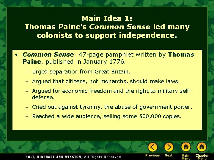 What is the main idea of the pamphlet common sense The Earliest Americans The Big Idea Native American