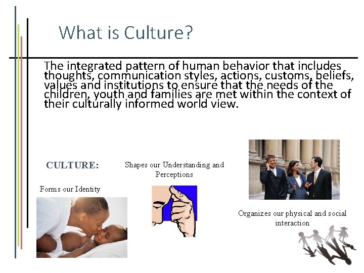 What is Culture? The integrated pattern of human behavior that includes thoughts, communication styles,
