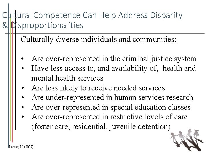 Cultural Competence Can Help Address Disparity & Disproportionalities Culturally diverse individuals and communities: •