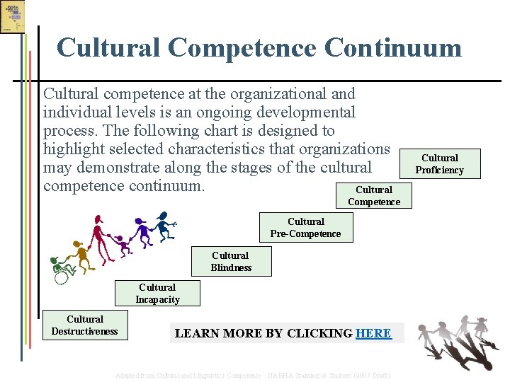 Cultural Competence Continuum Cultural competence at the organizational and individual levels is an ongoing