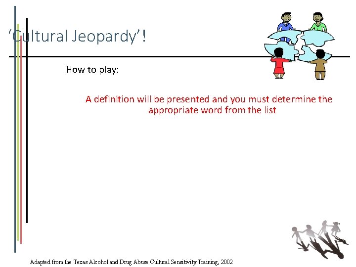 ‘Cultural Jeopardy’! How to play: A definition will be presented and you must determine