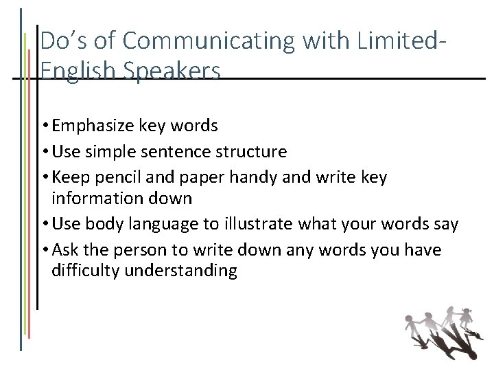 Do’s of Communicating with Limited. English Speakers • Emphasize key words • Use simple