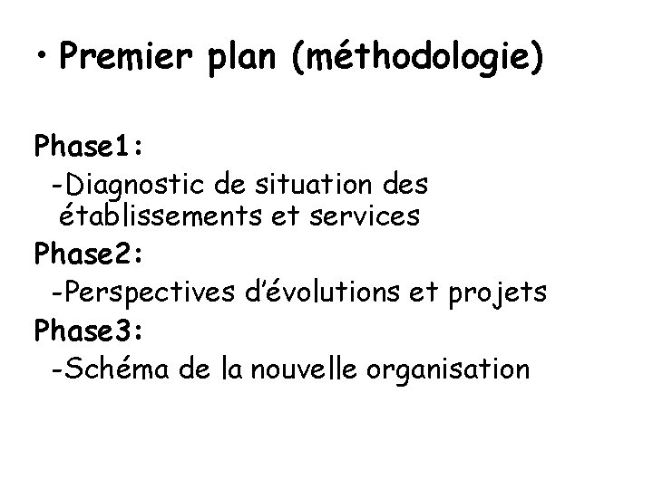  • Premier plan (méthodologie) Phase 1: -Diagnostic de situation des établissements et services