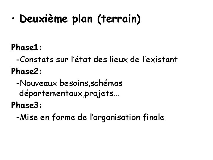 • Deuxième plan (terrain) Phase 1: -Constats sur l’état des lieux de l’existant