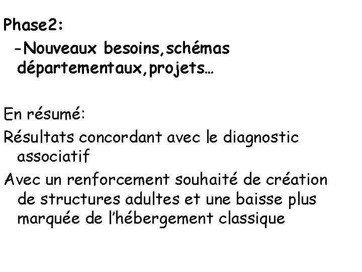 Phase 2: -Nouveaux besoins, schémas départementaux, projets… En résumé: Résultats concordant avec le diagnostic