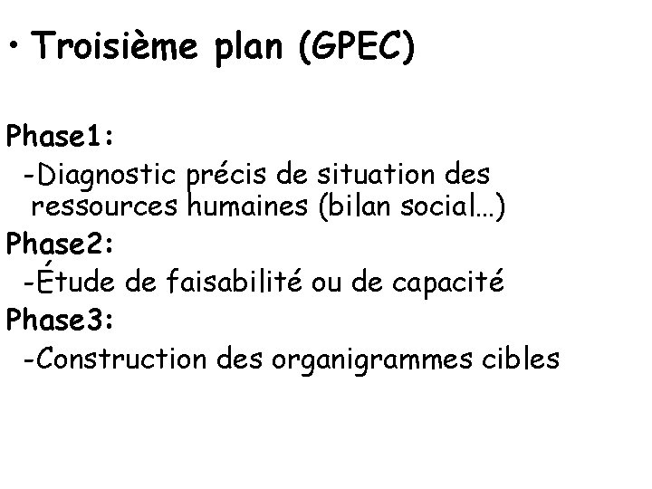  • Troisième plan (GPEC) Phase 1: -Diagnostic précis de situation des ressources humaines