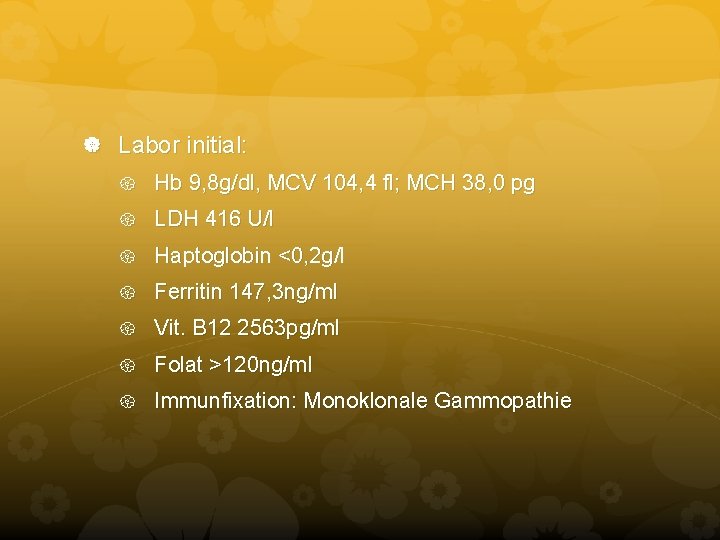 Labor initial: Hb 9, 8 g/dl, MCV 104, 4 fl; MCH 38, 0 Labor initial: Hb 9, 8 g/dl, MCV 104, 4 fl; MCH 38, 0