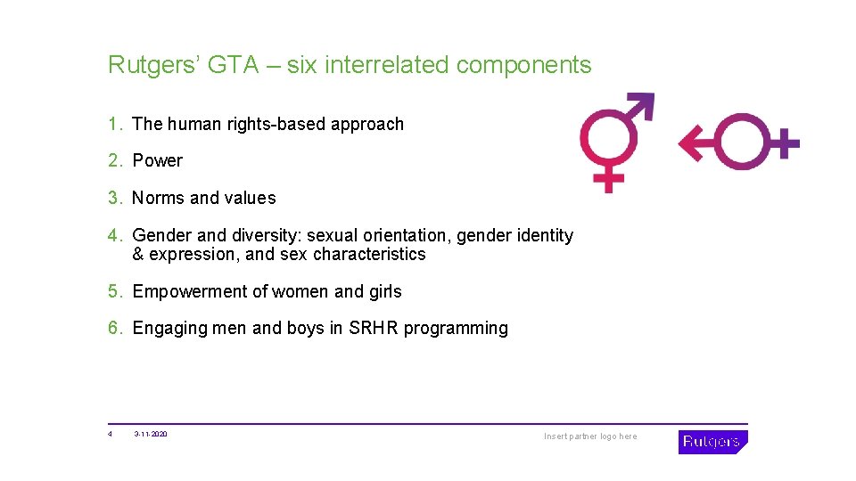 Rutgers’ GTA – six interrelated components 1. The human rights-based approach 2. Power 3.
