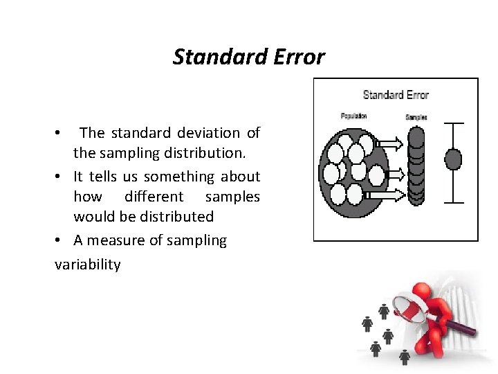 Standard Error The standard deviation of the sampling distribution. • It tells us something