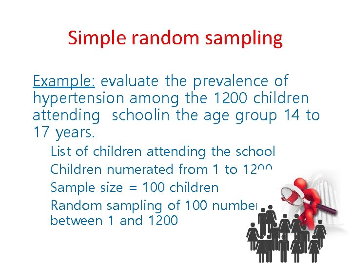 Simple random sampling Example: evaluate the prevalence of hypertension among the 1200 children attending