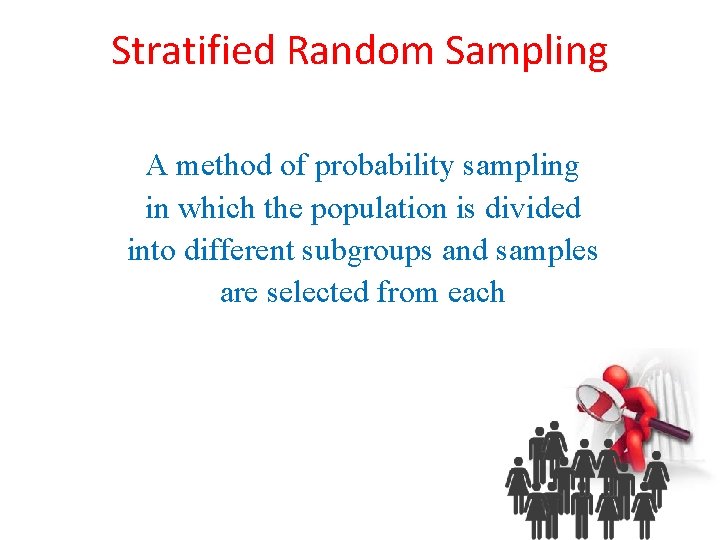Stratified Random Sampling A method of probability sampling in which the population is divided