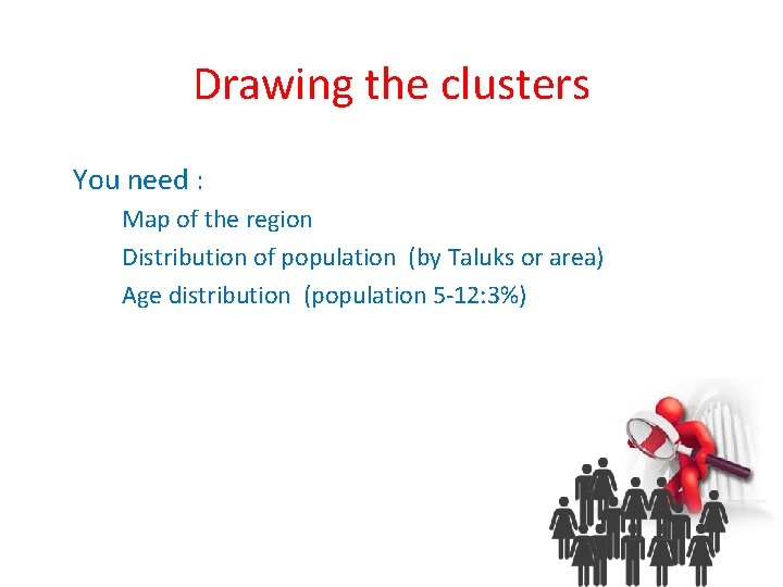 Drawing the clusters You need : Map of the region Distribution of population (by