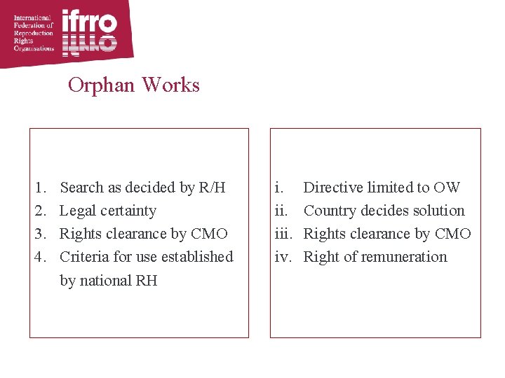 Orphan Works 1. 2. 3. 4. Search as decided by R/H Legal certainty Rights