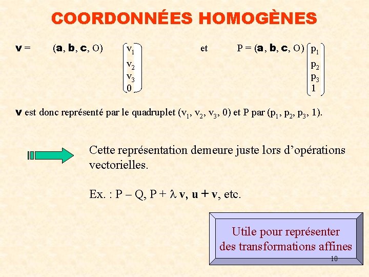 COORDONNÉES HOMOGÈNES v = (a, b, c, O) v 1 v 2 v 3