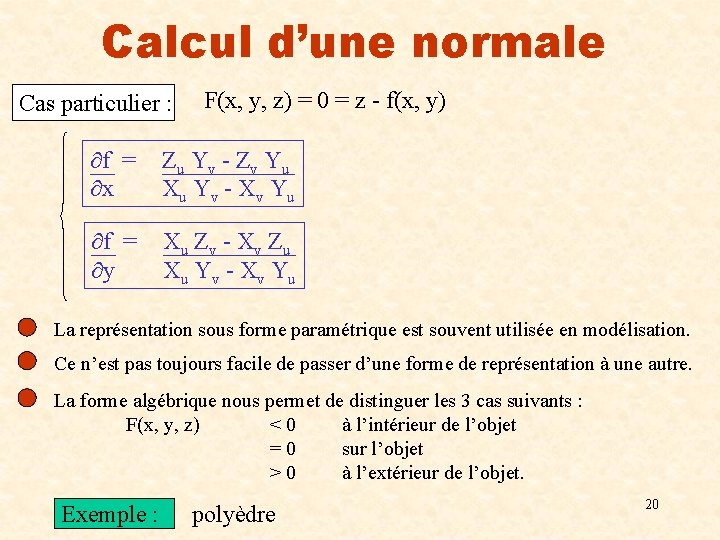 Calcul d’une normale Cas particulier : F(x, y, z) = 0 = z -