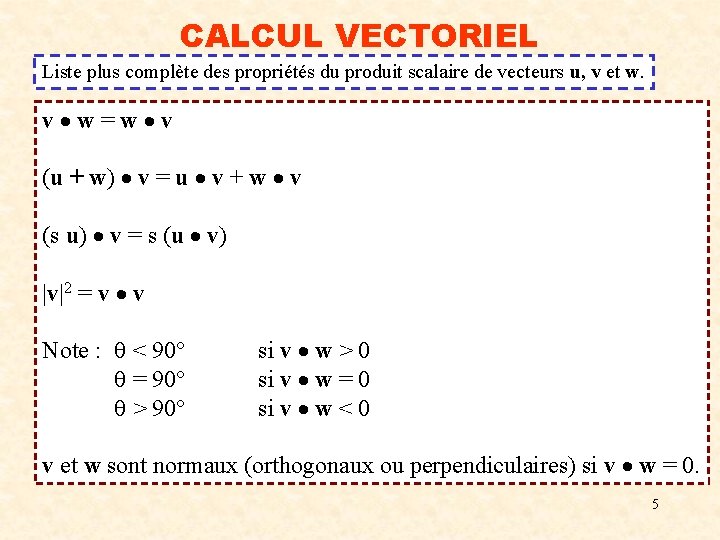 CALCUL VECTORIEL Liste plus complète des propriétés du produit scalaire de vecteurs u, v