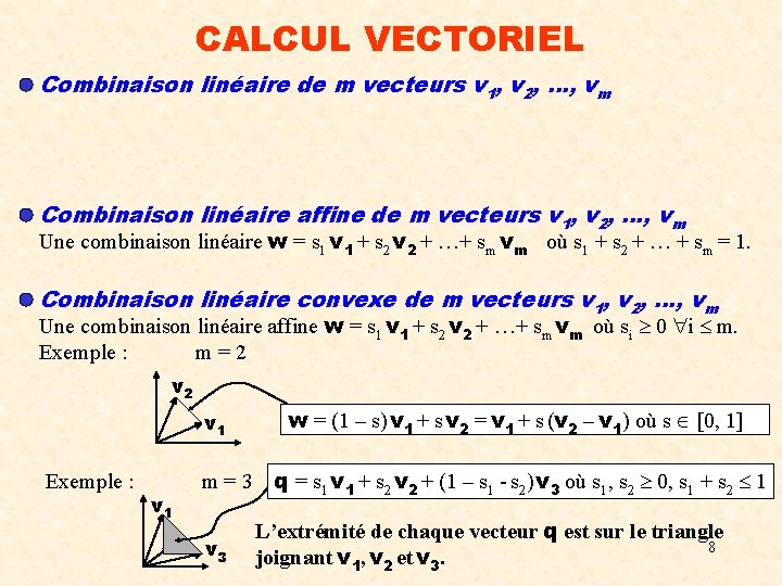 CALCUL VECTORIEL Combinaison linéaire de m vecteurs v 1, v 2, …, vm Combinaison