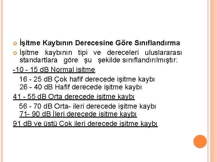 İşitme Kaybının Derecesine Göre Sınıflandırma İşitme kaybının tipi ve dereceleri uluslararası standartlara göre şu