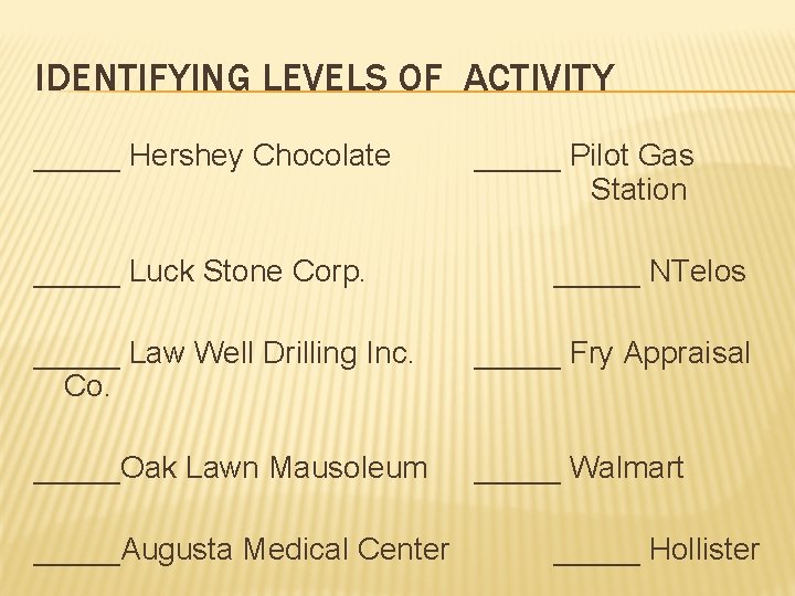 IDENTIFYING LEVELS OF ACTIVITY _____ Hershey Chocolate _____ Luck Stone Corp. _____ Pilot Gas