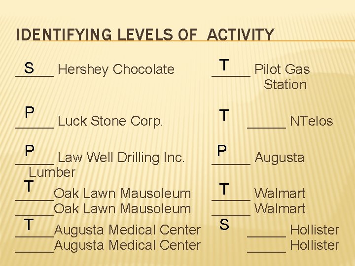 IDENTIFYING LEVELS OF ACTIVITY S Hershey Chocolate _____ P _____ Luck Stone Corp. P