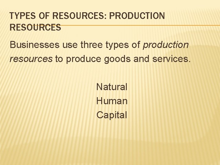 TYPES OF RESOURCES: PRODUCTION RESOURCES Businesses use three types of production resources to produce