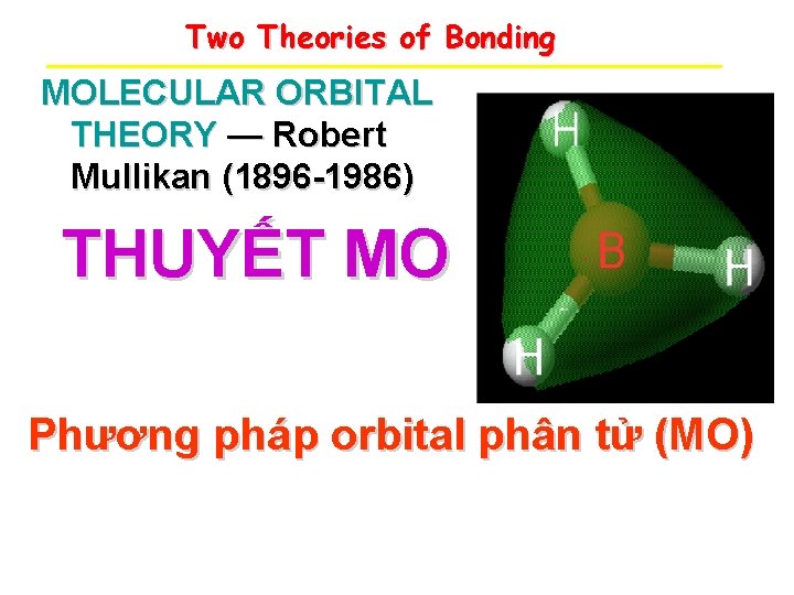 Two Theories of Bonding MOLECULAR ORBITAL THEORY — Robert Mullikan (1896 -1986) THUYẾT MO