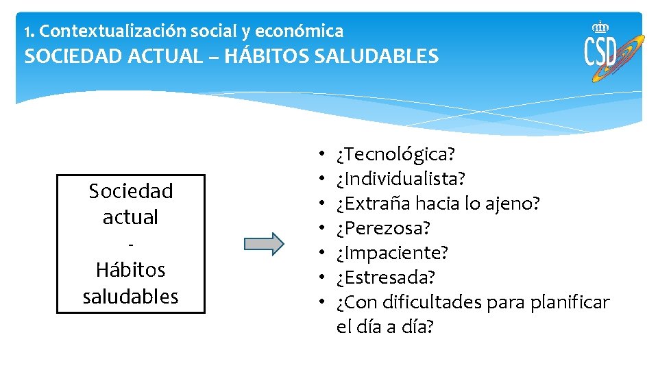 1. Contextualización social y económica SOCIEDAD ACTUAL – HÁBITOS SALUDABLES Sociedad actual Hábitos saludables 1. Contextualización social y económica SOCIEDAD ACTUAL – HÁBITOS SALUDABLES Sociedad actual Hábitos saludables