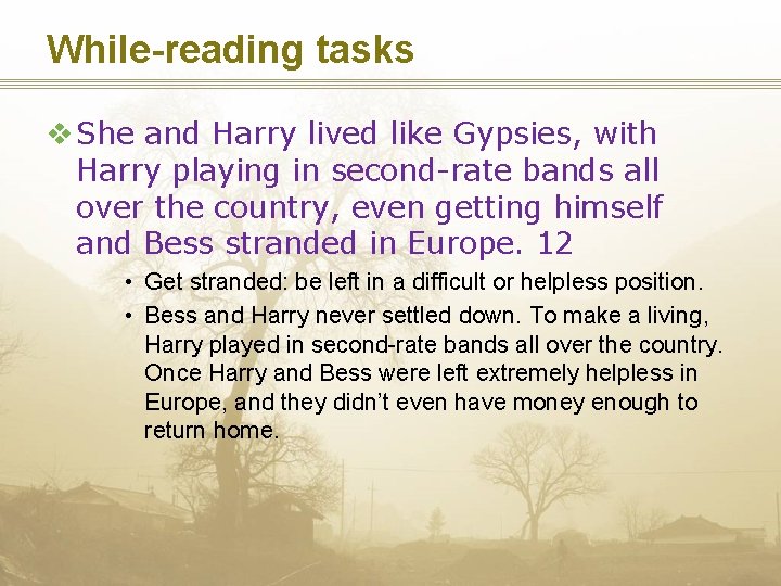 While-reading tasks v She and Harry lived like Gypsies, with Harry playing in second-rate