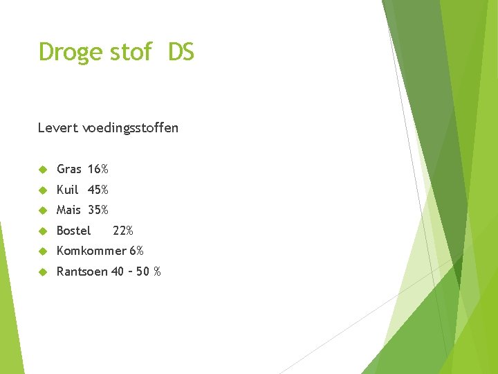 Droge stof DS Levert voedingsstoffen Gras 16% Kuil 45% Mais 35% Bostel Komkommer 6%