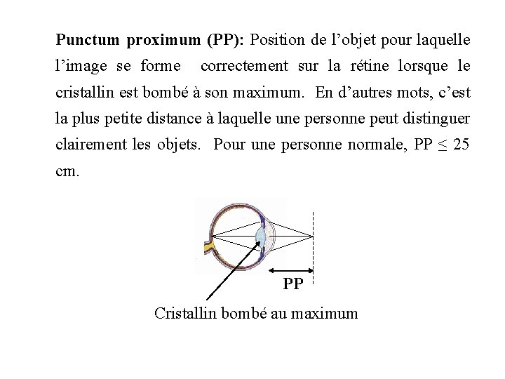 Punctum proximum (PP): Position de l’objet pour laquelle l’image se forme correctement sur la