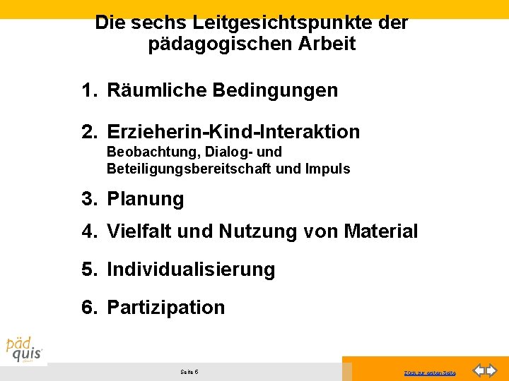 Die sechs Leitgesichtspunkte der pädagogischen Arbeit 1. Räumliche Bedingungen 2. Erzieherin-Kind-Interaktion Beobachtung, Dialog- und