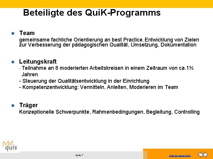 Beteiligte des Qui. K-Programms l Team gemeinsame fachliche Orientierung an best Practice, Entwicklung von