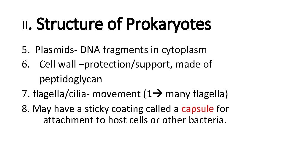 II. Structure of Prokaryotes 5. Plasmids- DNA fragments in cytoplasm 6. Cell wall –protection/support,