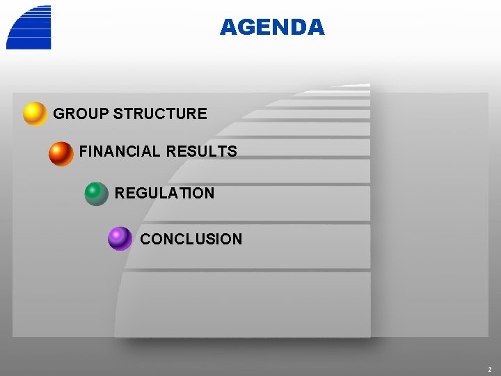 AGENDA GROUP STRUCTURE FINANCIAL RESULTS REGULATION CONCLUSION 2 