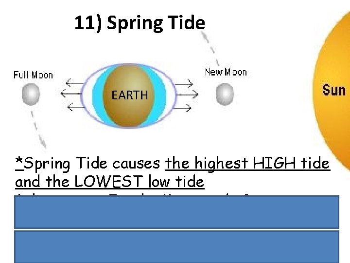 11) Spring Tide EARTH *Spring Tide causes the highest HIGH tide and the LOWEST
