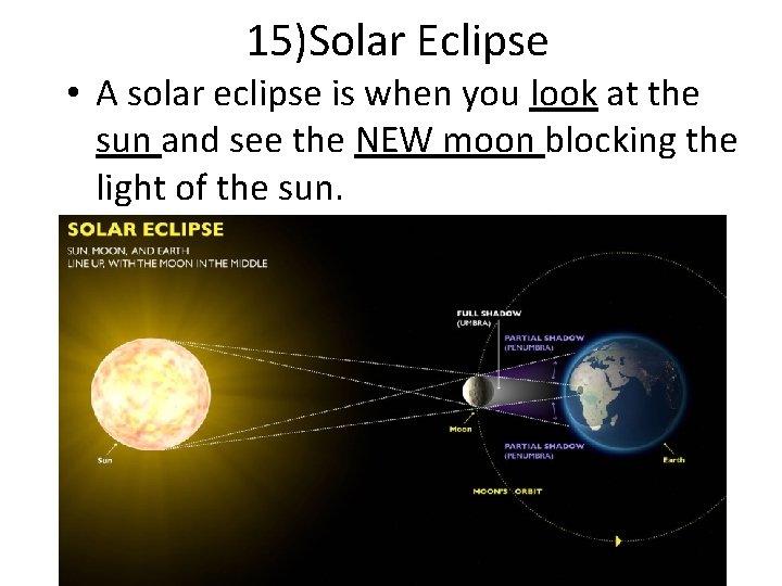 15)Solar Eclipse • A solar eclipse is when you look at the sun and